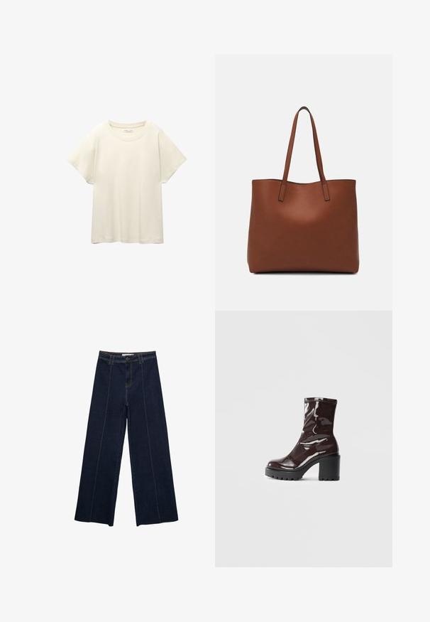 Svetlo béžové tričko s krátkym rukávom a okrúhlym výstrihom, vyrobené z jemnej, hladkej tkaniny. Má voľný strih a rovný lem.; Široké nohavice z tmavého denim materiálu s kontrastným prešívaním, vysokým pásom a rovnym strihom. Obsahujú predné vrecká a klasické zapínanie na gombík.; Lesklé burgundské kotníkové boty s robustním černým podpatkem, s hladkou strukturou a jednoduchým designem. Bez viditelných zapínání nebo vzorů.; Hnedá kožená taška na rameno s hladkou textúrou, otvoreným vrchom a dvoma ramenými popruhmi. Má minimálne šitia a žiadne viditeľné kovania.