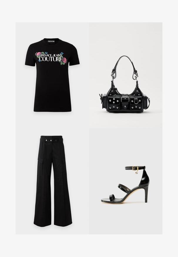 Černé bavlněné tričko s květinovou a motýlí grafikou, s bílým textem "VERSACE JEANS COUTURE". Krátké rukávy a kulatý výstřih.; Černé kalhoty s širokými nohavicemi a vysokým pasem, které mají velké boční kapsy, dva přední knoflíky a detail v podobě poutka. Vyrobeno z pevné látky.; Černé lakované kožené sandály se třemi pásky, sponou na kotníku a 10 cm jehlovým podpatkem. Obsahují zlaté kovové detaily a logo přívěsek.; Černá kožená kabelka s křivkovým designem, zdobená stříbrnými hřebíky, s přezkou a dvěma bočními kapsami. Nastavitelný popruh pro různé možnosti nošení.