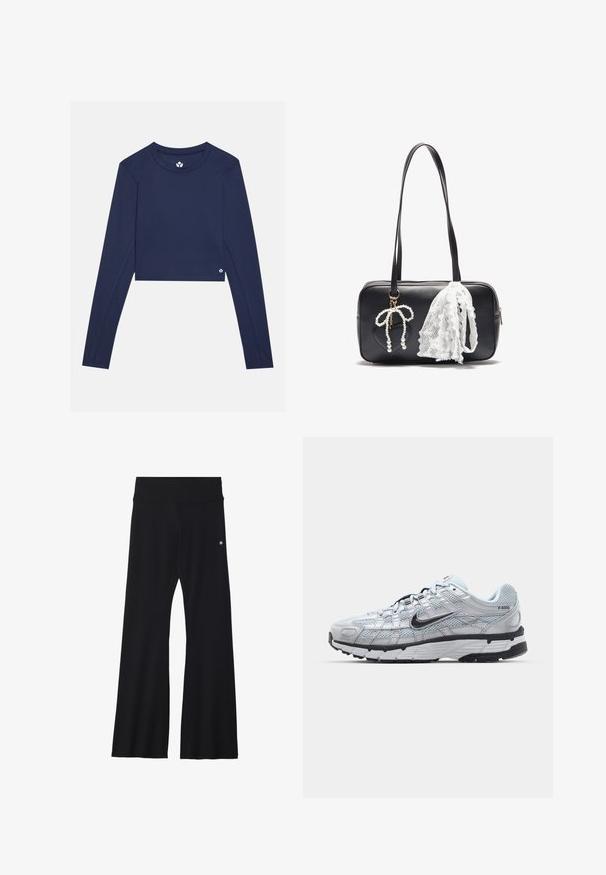 Marineblå langermet croppet topp laget av glatt stoff, med rund hals og en liten logo nederst til høyre.; Sorte, flagrende yogabukser i elastisk materiale, med bred linning og en liten logo nær hoften. Glatt tekstur, uten mønstre.; Nike P-6000 sneakers med en lys grå mesh-overdel, sorte detaljer og en slitesterk svart gummisåle. Har et intrikat design og snøresystem.; Even&Odd Håndveske - black