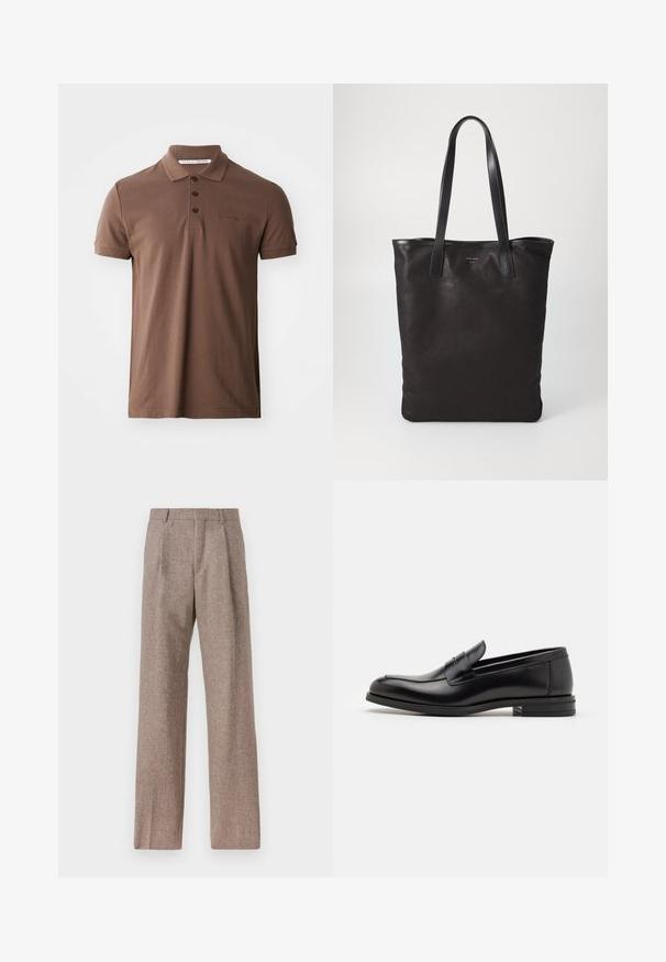 Barna pamut póló, klasszikus gallérral, három gombbal és rövid ujjal; a mellkasán hímzett logóval rendelkezik.; Világoskék, hosszú ujjú ing, hegyes gallérral, fekete gombokkal, és egyedi kivágással elöl, amely különleges dizájnt kölcsönöz.; Barna, magas derekú nadrág texturált anyagból. Széles szárai és két elülső redője biztosítja a struktúrát. Ízléses kivitel, látható fémszerelés nélkül.; Fekete bőr loaferek sima textúrával, kerek orral és dekoratív pánttal a vampnál. Alacsony, rétegelt sarkú, minimalista dizájn.; Fekete vászontáska fekete bőr füllel. Egyszerű dizájn, tágas test és sima textúra. Nincsenek látható logók vagy minták.