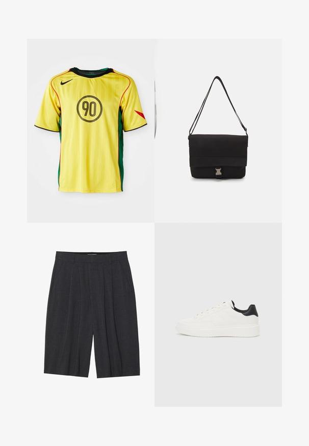 Nike kollane jalgpallipaita roheliste külgpaneelidega, mustade aktsentidega ja punase äärega. Ees on ümmargune must "90" disain.; Tumedast hallid volditud lühikesed püksid, mis on valmistatud tekstureeritud kangast, millel on elastne vöökoht ja sirge lõige, ilma nähtavate taskute või detailideta.; Valge nahast sneaker, millel on reljeefne muster, tekstureeritud valge vaheline tall ja must kannaaktsent. Omab ümarat nina ja lamedat paelavarrast.; Mustmust kärjer, mis on valmistatud siledast materjalist, fold-over klapiga, hõbedaste kinnitustega ja reguleeritava õlarihmaga.