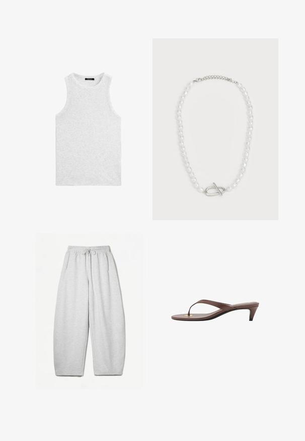 Ljusgrå ärmlös linne i mjuk bomull, med rund halsringning och en slät yta med minimal sömnadsdetalj.; Ljusgrå sweatpants med avslappnad passform, elastiskt midjeband, dragsko och sidofickor; tillverkade av mjukt, texturerat tyg.; Bruna klackflip-flopsandaler med en smal rem och rund tåpost, med en liten guldaccent på fotbädden.; Vitt pärlhalsband med varierande former och storlekar, utrustat med en silverfärgad lås för stängning. Slät yta med en glänsande finish.