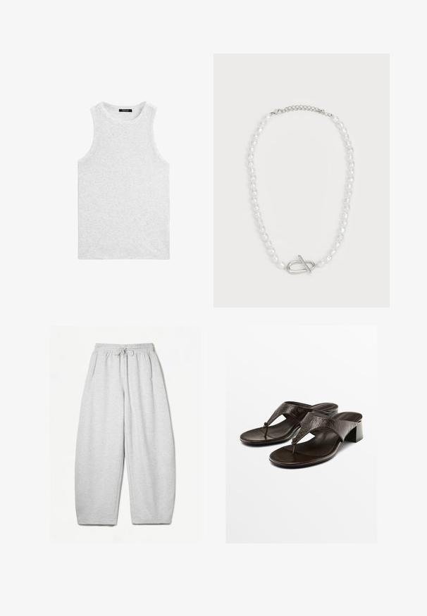 Light gray sleeveless tank top made of soft cotton, featuring a round neckline and a smooth texture with minimal seam detailing.; Light grey sweatpants with a relaxed fit, elastic waistband, drawstring, and side pockets; made from soft, textured fabric.; Brown leather sandals with a T-strap design, textured finish, and a low block heel, featuring a circular accent at the center.; White pearl necklace with varied shapes and sizes, featuring a silver toggle clasp for closure. Smooth texture with shiny finish.