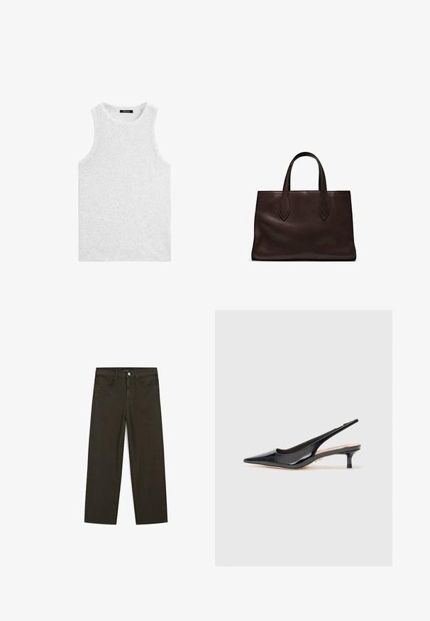 Light gray sleeveless tank top made of soft cotton, featuring a round neckline and a smooth texture with minimal seam detailing.; Dark green wide-leg jeans made of cotton blend, featuring a front button closure, five pockets, and classic denim stitching.; Black patent leather slingback heel with a pointed toe and a slender mid-height heel. Smooth texture with minimalistic design elements.; Brown leather tote bag with two elongated handles, structured rectangular shape, smooth texture, and subtle stitching details.