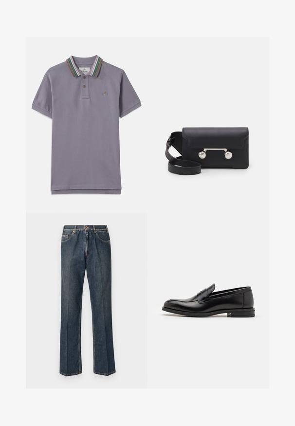 Violet spalvos polo marškiniai su raštuotu apykakle, kuriame yra žali, rudi ir rožiniai dryžiai; trys mygtukų užtrauktukas; išsiuvinėtas logotipas ant krūtinės.; Tamsiai mėlynos tiesios kojos džinsai su priekiniais mygtukais, užtrauktuku, dviem priekinėmis kišenėmis ir matomomis vertikaliomis raukšlėmis nuo kelnių šonų.; Juodos odinės loafers, turinčios lygų paviršių, apvalią noselę ir dekoratyvinę juostą per priekinę dalį. Žemas krentantis kulnas, minimalistinis dizainas.; Juodas odinis kryžminis krepšys su sklendės uždarymu, sidabro spalvos detalėmis ir dviem apvaliais akcentais. Yra nusiimamas diržas. Lygus paviršius.