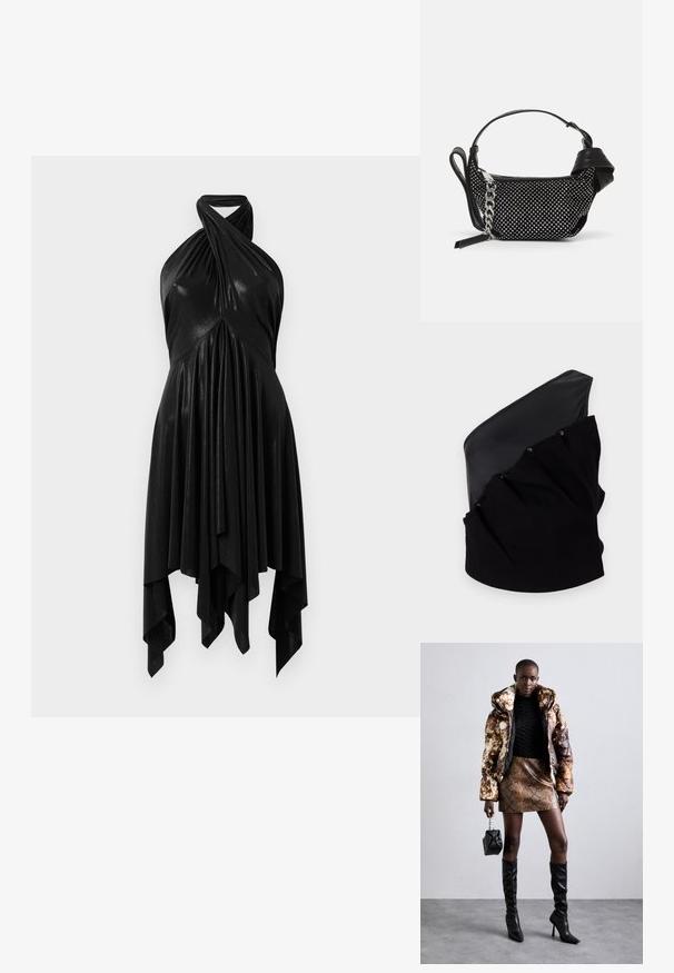 Asymetryczny czarny top z gładką skórzaną wstawką oraz teksturowanym dzianinowym materiałem z marszczonym detalem i zatrzaskami.; Czarna sukienka na halter z drapowanym wzorem. Wykonana z błyszczącego materiału, z skręconym dekoltem i asymetrycznym dołem. Gładka tekstura.; Kurtka puchowa w brązowo-czarny wzór, w połączeniu z brązową mini spódnicą w wężowy wzór, czarnymi wysokimi kozakami do kolan i małą czarną torebką.; Czarna torebka z teksturowanym wzorem, ozdobiona srebrnymi ćwiekami i grubym srebrnym łańcuszkiem. Charakteryzuje się eleganckim, minimalistycznym kształtem.