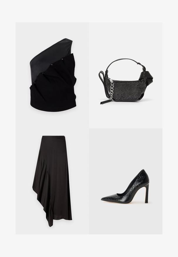 Top asimétrico negro que presenta un panel de cuero liso y un tejido de punto texturizado con detalles fruncidos y botones a presión.; AERON ASTER SKIRT - Falda de tubo - black; Zapato de tacón alto negro con punta afilada y textura de piel de cocodrilo, que presenta un diseño elegante, un alto tacón de aguja y un interior negro suave.; Bolso de mano negro con adornos de tachuelas, una correa de cadena y un asa de cuero suave, con forma redondeada y compartimento con cremallera.
