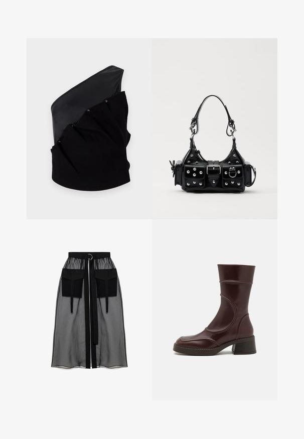 Asymmetric black top featuring a smooth leather panel and textured knitted fabric with gathered detail and snap buttons.; Black sheer skirt with a gathered waistband, featuring two large front pockets, a waist tie, and a circular metal accent.; MIISTA MALENE - Classic ankle boots - brown; Black leather handbag with a curved design, featuring silver studs, a buckle, and two side pockets. Adjustable strap for carrying options.
