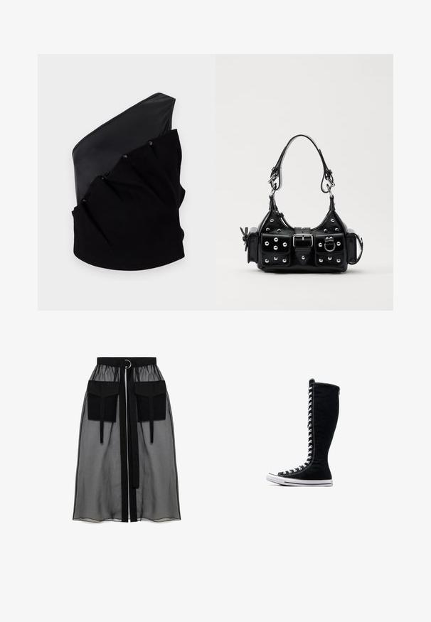 Asümmeetriline must top, millel on sile naha paneel ja tekstuuriga kudumiga kanga detail, millel on kogumise efekt ja nupud.; Must mustriga seelik, millel on kogutud vöökoht, kaks suurt esitaskut, vöötie ja ringikujuline metallaktsent.; Mustad mustad ketsid, millel on pikk disain, valmistatud kanvasest. Omavad valgeid paelu, õmblusi ja kummist tallat, millel on varbapatja kate.; Must värvi nahast käekott, millel on kaarjas disain, hõbedased nupukesed, kinnitusahe ja kaks külgtaskut. Reguleeritav rihm erinevate kandmisvõimaluste jaoks.