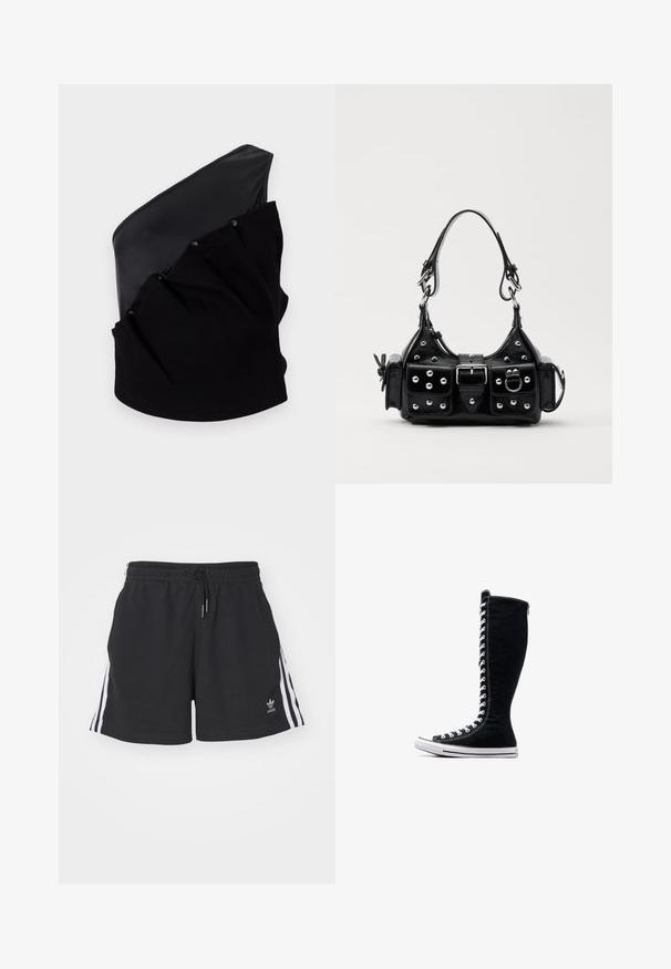 Asymmetrisk sort top med en glat læderpanel og tekstureret strikket stof med sammentrukne detaljer og trykknapper.; Sorte atletiske shorts lavet af bomuldsblanding, med hvide sidelister, elastisk talje med snor og lille logo på kanten.; Sorte høje sneakers med et højt design, lavet af kanvas. Har hvide snørebånd, syninger og en gummisål med en tåhætte.; Sort læderhåndtaske med et buet design, prydet med sølvfarvede nitter, en spænde og to sidelommer. Justerbar rem til forskellige bære muligheder.
