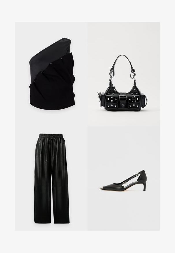 Top asimmetrico nero con un pannello in pelle liscia e un tessuto lavorato a maglia, dotato di dettagli arricciati e bottoni a pressione.; Pantaloni ampi in pelle nera con vita elastica, dotati di due tasche laterali e una texture liscia e lucida.; Décolleté in pelle nera con tacco kitten, punta argentata appuntita e doppie cinghie con fibbia su sfondo bianco.; Borsa a mano in pelle nera con design curvo, caratterizzata da borchie argentate, una fibbia e due tasche laterali. Tracolla regolabile per diverse opzioni di trasporto.
