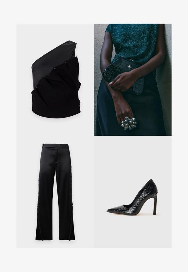 Asymmetriski must topp, som har en slät läderpanel och en texturerad stickad väv med rynkdetaljer och tryckknappar.; Musta satiinifarkut leveillä lahkeilla, joissa on fringed yksityiskohtia sivusaumojen varrella ja tasainen vyötärönauha edessä. Takana pelkistetty ilme ilman taskuja.; Musta kapea nilkkakorkokenkä krokotiilin nahkakuviolla, joka on varustettu tyylikkäällä muotoilulla, korkealla stiletto-korkealla ja sileällä mustalla sisäosalla.; Musta krokotiilihäntäinen penaali, jossa on hopeiset yksityiskohdat, pidetään teksturoitua harmaata taustaa vasten. Pintamateriaali kiiltävä.