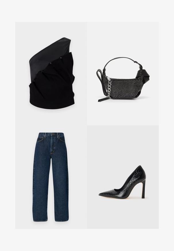 Asimetrisks melns tops ar gludu ādas paneļa un teksturēta adīta auduma elementiem, ar sakopotām detaļām un pogām ar spiedpogu.; Platas kāju zila džinsa bikses ar augstu jostasvietu, ar klasisku piecu kabatu dizainu un kontrastējošām šuvēm.; Melni augstpapēžu apavi ar norādītu purngalu, ar krokodila ādas tekstūru, izceļoties ar elegantu dizainu, augstu stiletto papēdi un gludu melnu interjeru.; Melnā rokassomiņa ar studētiem rotājumiem, ķēdes siksniņu un gludas ādas rokturi, ar apaļu formu un ar rāvējslēdzēju aizveramu nodalījumu.