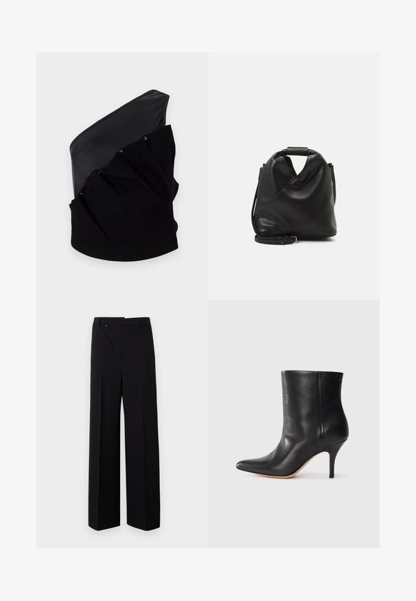 Top asimmetrico nero con un pannello in pelle liscia e un tessuto lavorato a maglia, dotato di dettagli arricciati e bottoni a pressione.; Pantaloni neri a gamba larga con frontale piatto, chiusura a bottone e trama di tessuto liscia. Presentano un taglio dritto e linee nette.; Stivale alla caviglia in pelle nera con punta affilata, sottile tacco a stiletto e superficie liscia. Design minimalista senza hardware o accenti visibili.; Borsa nera in pelle morbida con un design unico e attorcigliato. Presenta una maniglia corta e una tracolla removibile. Stile minimalista.