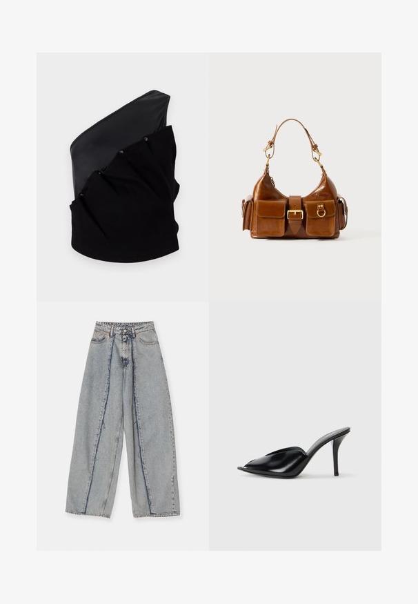 Top asimétrico negro que presenta un panel de cuero liso y un tejido de punto texturizado con detalles fruncidos y botones a presión.; Vaqueros de pierna ancha en azul claro con bordes deshilachados, una cintura alta y costuras en contraste. Hechos de denim, presentan un ajuste relajado y un desgaste mínimo.; Zuecos de tacón alto de cuero negro con punta abierta, diseño puntiagudo, textura suave y un delgado tacón de aguja.; Bolso de mano de cuero marrón con forma curva, herrajes en tono dorado dual, dos bolsillos frontales y una correa amplia. Textura suave con un acabado elegante.