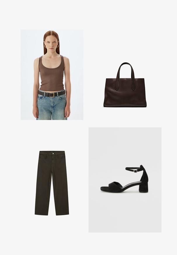 Top in maglina marrone a costine con bretelle larghe, abbinato a jeans chiari a vita alta e una cintura scura con fibbia dorata.; Jeans a gamba larga di colore verde scuro, realizzati in tessuto misto cotone, dotati di chiusura con bottone frontale, cinque tasche e cuciture classiche in denim.; Sandali con tacco in suede nero, con una sottile fascia alla caviglia, design open toe e un discreto tacco a blocco. Texture liscia e decorazioni minime.; Borsa a spalla in pelle marrone con due manici lunghi, forma rettangolare strutturata, texture liscia e dettagli di cucitura sottili.