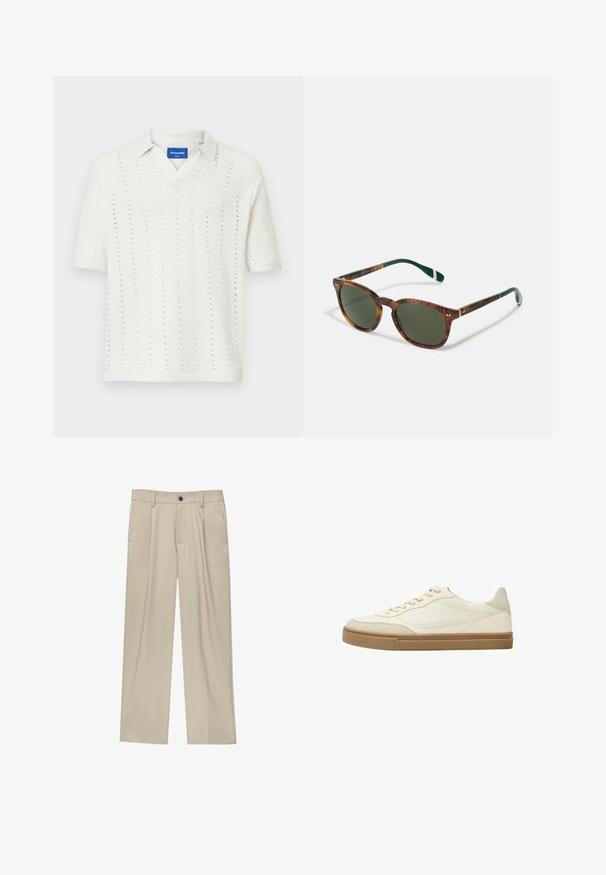 Bijela pletena majica polo kratkih rukava s V-izrezom, s vertikalnim uzorcima i rebrastim rubom. Oznaka vidljiva na ovratniku.; Bež hlače ravnog kroja s jednim crnim gumbom, petljama za remen i bočnim džepovima. Glatka tekstura tkanine i minimalistički dizajn.; Bijele kožne tenisice niskog profila s bež naglascima i teksturiranom gumenom potplatom. Opremljene su toniranim šavovima i zaobljenim dizajnom prsta.; Mačje sunčane naočale od kornjačevine s zelenim staklima, okruglog oblika, zlatnim detaljima i tamnozelenim krakovima s bijelim prugama.