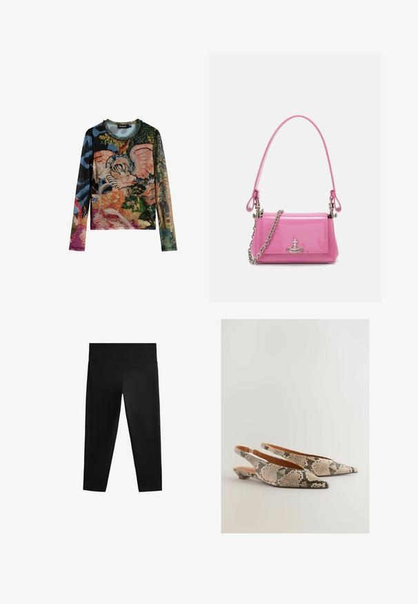 Langärmliges Oberteil mit einem lebhaften Mischmuster aus floralen und abstrakten Designs. Hergestellt aus strukturiertem Stoff mit rundem Ausschnitt.; Schwarze Sportleggings mit hohem Taillenbund, glattem Material und figurbetontem Schnitt, designed für Bewegungsfreiheit und Komfort.; Next REGULAR FIT FOREVER COMFORT POINT TOE - Sling-Ballerina - snake; Rosa lackierte Handtasche mit rechteckiger Form, abnehmbarer Kettenriemen und silbernen Hardware-Details auf der Vorderseite.
