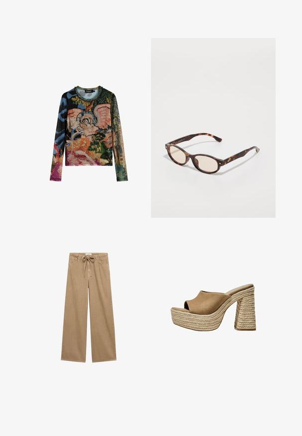 Langärmliges Oberteil mit einem lebhaften Mischmuster aus floralen und abstrakten Designs. Hergestellt aus strukturiertem Stoff mit rundem Ausschnitt.; Beige Baumwollhose mit weitem Bein und Kordelzug in der Taille, ausgestattet mit zwei vorderen Taschen und einem weichen, strukturierten Stoff.; Braune Wildleder-Plateau-Sandalen mit offenem Zeh, ausgestattet mit einem chunky geflochtenen Jute-Absatz und einem glatten, abgerundeten Oberdesign.; Schildkrötenmuster Sonnenbrille mit runder Form und leichten Gläsern. Verfügt über stabile Bügel mit kleinen goldenen Akzenten, hergestellt aus Kunststoff.