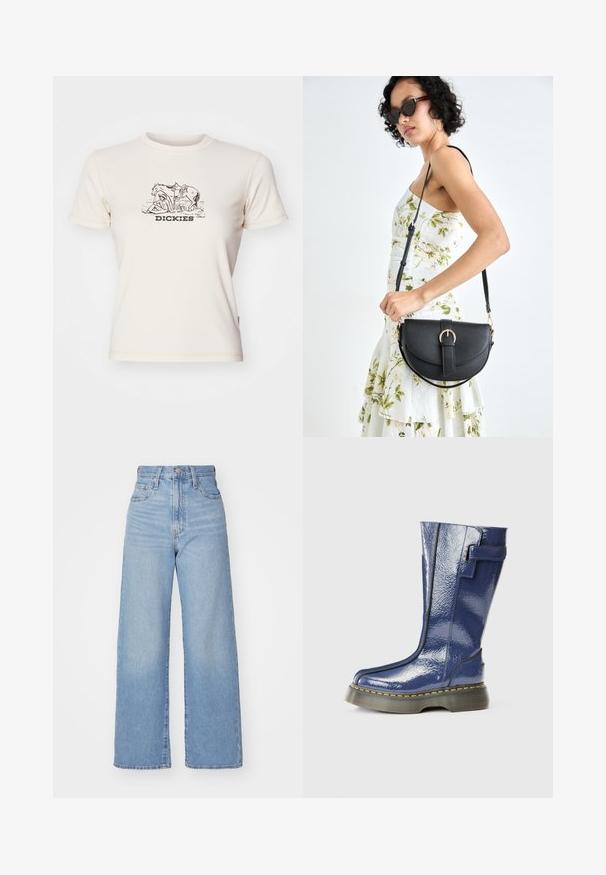 Ribotu grietos trumpomis rankovėmis marškinėliai su juodu grafinio atvaizdu, kur yra arklių ir žmogaus, o po iliustracija tekstas „DICKIES“. ; Šviesiai mėlynos aukšto liemens plačios kojos džinsai su priekiniais užtrauktukais ir sagom, priekinėmis ir galinėmis kišenėmis, ant baltos fono.; Mėlyna, blizgi iki kelių siekianti batai su apvaliu pirštu, šoniniu užtrauktuku ir vertikaliomis siūlėmis. Turi storą juodą platformą su geltonomis siūlėmis.; Juodas odinis krepšys su išlenkta forma, nuimamu dirželiu ir auksiniais detalėmis. Krepšys turi kilpą su sagtimi.