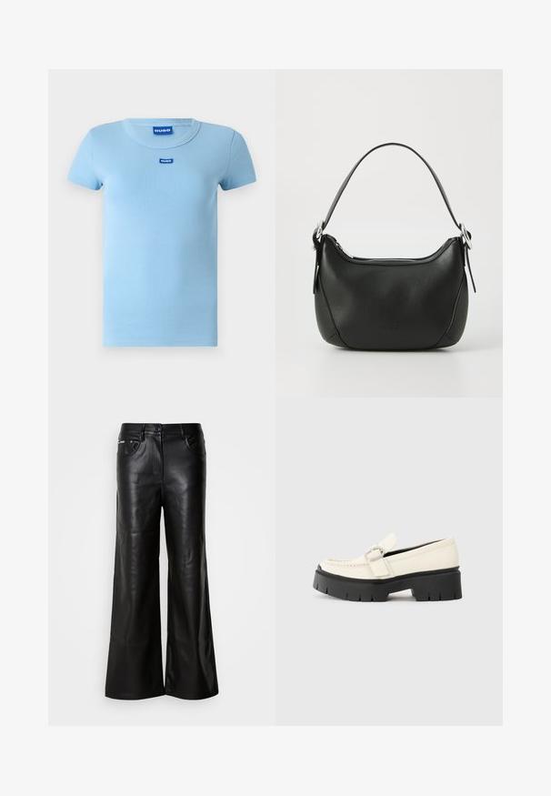 Világoskék bordás póló, kerek nyakkal és rövid ujjakkal. A mellkasán egy kis kék logó címke található. Simább textúra.; Fekete bőrnadrág, széles lábakkal, sima textúrával, elülső gombos záródással, két oldalsó zsebben és minimális varrási részletekkel.; Fehér bőr lófarok, vastag fekete platform talppal, téglalap alakú ezüst csattal és látható varrás részletekkel a felső részen.; Fekete bőr kézitáska ívelt formával, ezüst cipzárral és rövid fogantyúval. Az elején diszkrét logó található, és sima tapintású.