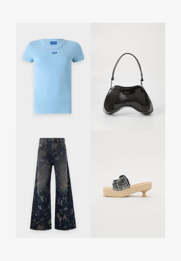 Gaiši zils ribots T-krekls ar apaļu kaklu un īsām piedurknēm. Uz krūtīm ir neliels zils logotipa uzlīme. Gluda tekstūra.; Tumši zili platleņķa džinsi ar noputējušu, skābpārklājuma tekstūru un klasisku piecu kabatu dizainu.; Denima slīdošas sandales ar austo platformu un mazu papēdi. Izceļas ar dekoratīvo šuvju un metalizētu akcentu uz augšējā siksniņa.; Melnas lakota Ādas rokassoma ar unikālu izliekta formu, īsu regulējamu rokturi un ar rāvējslēdzēju aizdarāmu augšu. Gluda tekstūra ar smalku zīmolu.