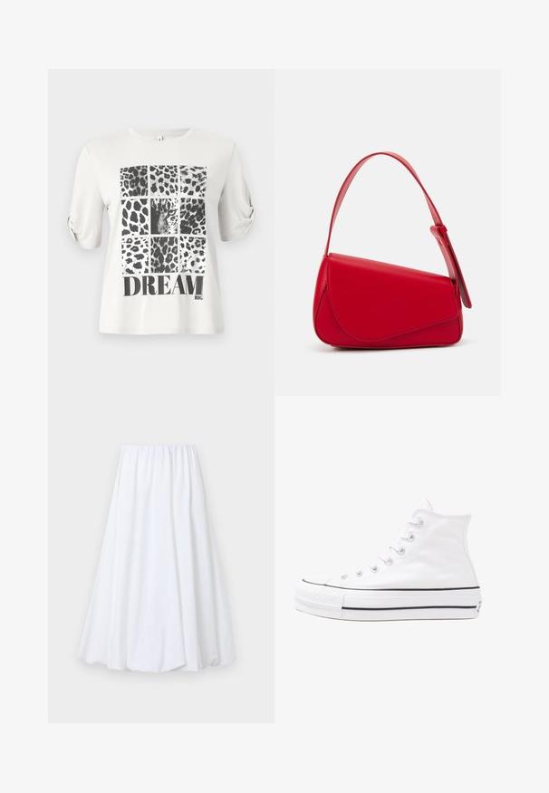 Valge T-särk, millel on musta ja halli leopardimustriga kolaaž ning allosas on julged mustad tähtedega trükitud sõna "UNISTUS".; Valge pahkluunini seelik, millel on elastne vöökoht, valmistatud kergest kangast, millel on sile tekstuur ja voolav siluett.; Valge kõrgem kangast tenniseking, millel on must kummist tald, ees kummist varvasetugi ja kuus aukku paelte jaoks, pakkudes puhta ja minimalistliku disaini.; Punane nahast käekott, millel on nurkadega geomeetriline disain. Omab ühte reguleeritavat rihma ja klappidega sulgemist, millel on õmblustega kaunistused.