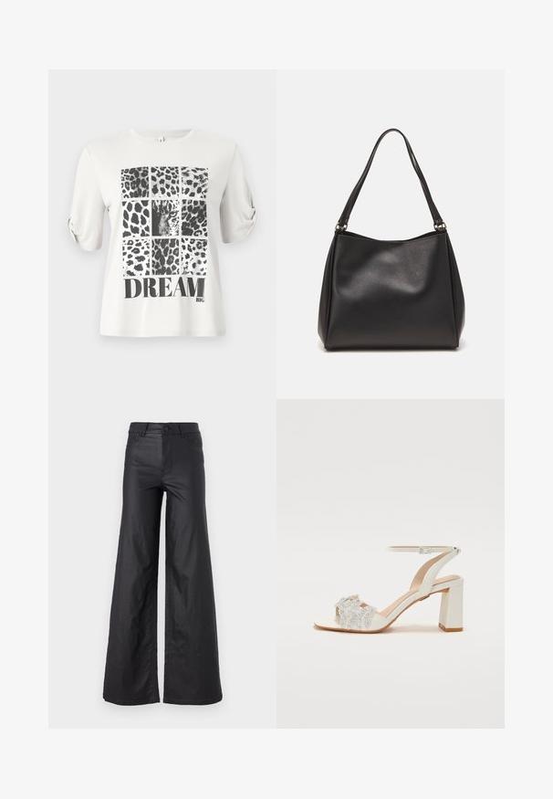 White T-shirt featuring a leopard print collage in black and grey, with "DREAM" printed in bold black letters at the bottom.; Black, wide-leg pants in a faux leather material. Features a high waist, belt loops, two front pockets, and stitched detailing.; White heeled sandal with a block heel, featuring decorative silver floral embellishments and a strap around the ankle. Smooth texture.; Black synthetic leather handbag with a soft texture, hobo shape, and dual shoulder straps; features a glossy finish and minimalistic design.