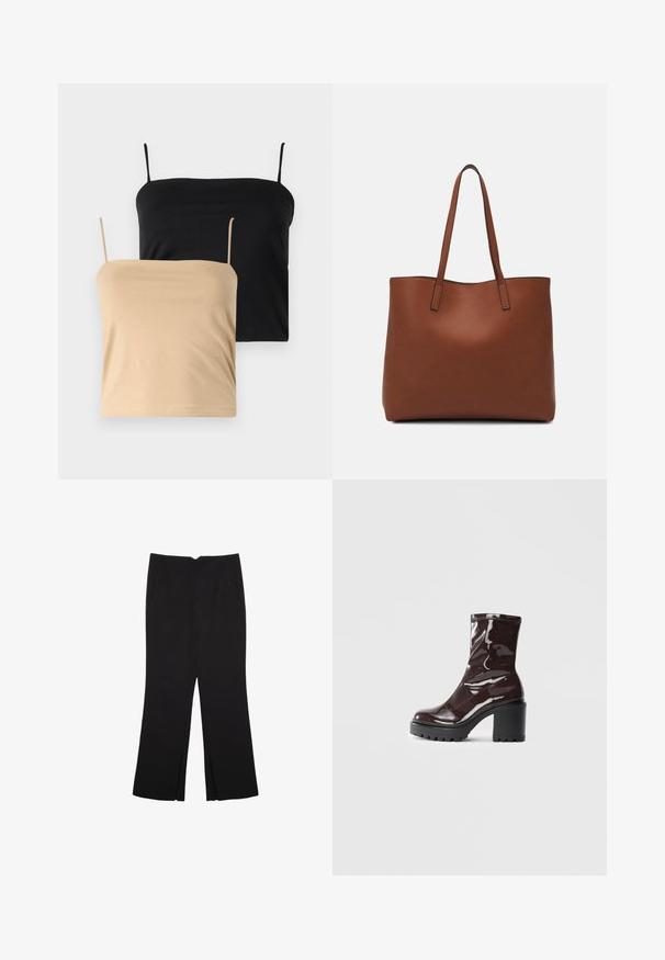 Dva topa bez rukava, jedan crni i jedan bež. Izrađeni od mekog, rastezljivog materijala s tankim trakama i prilagođenim oblikom.; Crne hlače ravnog kroja, s prednjim džepovima i bočnim prorezima na rubu. Izrađene od mekog i glatkog materijala. Pogodne za razne prigode.; Sjajna burgundska čizma do gležnja s debelim crnim potplatom, koja se odlikuje glatkom teksturom i jednostavnim dizajnom. Nema vidljivih kopčanja ili uzoraka.; Smeđa kožna torba preko ramena s glatkom teksturom, otvorenim vrhom i dvjema naramenicama. Ima minimalne šavove i nema vidljivog hardvera.