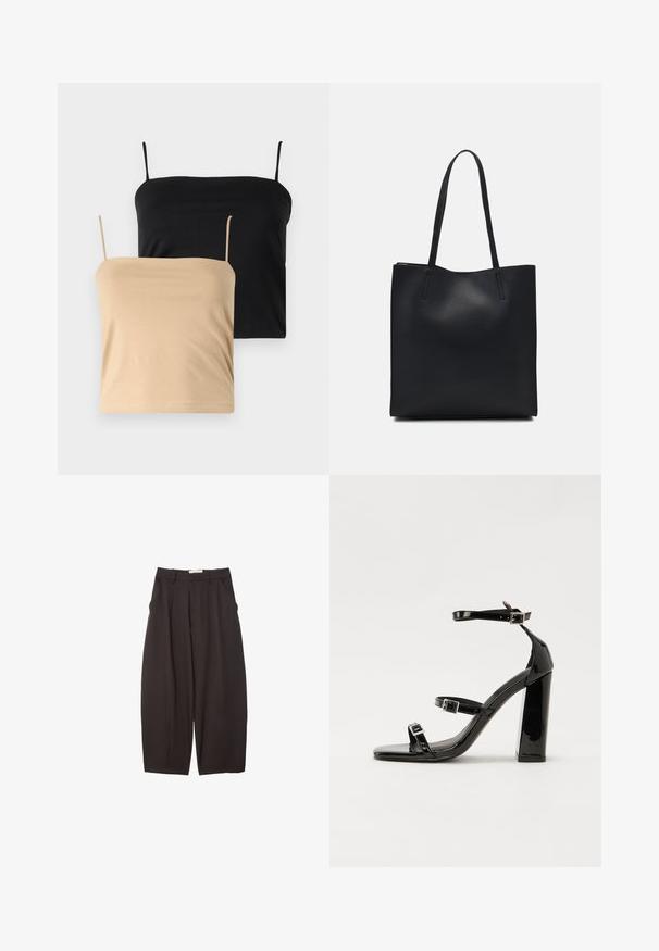 Dvoje tielok, jedno v čiernej a druhé v béžovej farbe. Vyrobené z mäkkého a elastického materiálu s tenkými ramienkami a priliehavým strihom.; Čierne široké nohavice vyrobené z hladkej tkaniny, s vysokým pásom, prednými skladmi a bočnými vreckami. Jednoduchý dizajn bez ozdôb.; Čierne lakované sandále na podpätku so štvorcovou špičkou, navlečenými remienkami okolo členku a striebornými prackami. Disponujú masívnym blokovým podpätkom pre stabilitu.; Čierna kožená taška na rameno s hladkým povrchom, obdĺžnikovým tvarom a dvoma dlhými uchami. Bez viditeľného kovania alebo ozdôb.
