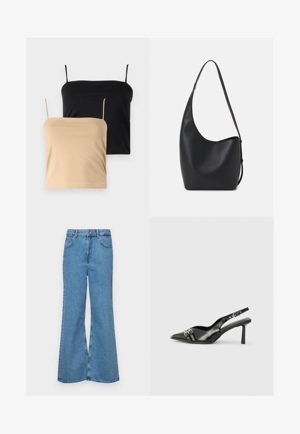 Dvoje tielok, jedno v čiernej a druhé v béžovej farbe. Vyrobené z mäkkého a elastického materiálu s tenkými ramienkami a priliehavým strihom.; Svetlomodré rozšírené džínsy vyrobené z denimu, s vysokým pásom, piatimi vreckami a jednopoložkovým zapínaním na gombík. Mäkká textúra s vyblednutým povrchom.; Čierne lakované kožené slingback topánky s špicatou špičkou, remienkami okolo členku s striebornými prackami a hardvérom, a štíhlým podpätkom.; Čierna kožená hobo taška so hladkou textúrou, zakriveným tvarom a jedným nastaviteľným popruhom; má široké otvorenie na vrchu.
