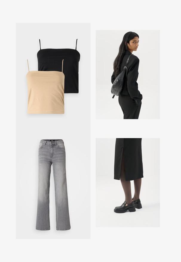 Două topuri tip camisole, unul în negru și unul în bej. Fabricate dintr-un material moale și elastic, cu bretele subțiri și o formă ajustată.; Jeans din denim gri, cu talie înaltă și croială dreaptă, cu fermoar și nasture frontal, buzunare frontale și spate, și nuanțe estompate pe coapse și gambe.; Pantofi din piele neagră cu vârful rotund, toc bloc gros și accente elastice pe lateral, asortați cu colanți închiși la culoare și o fustă neagră cu o fanta.; Femeie cu păr lung și închis la culoare, îmbrăcată într-un costum negru, purtând o geantă de umăr din piele neagră, privind peste umăr, pe un fundal alb.