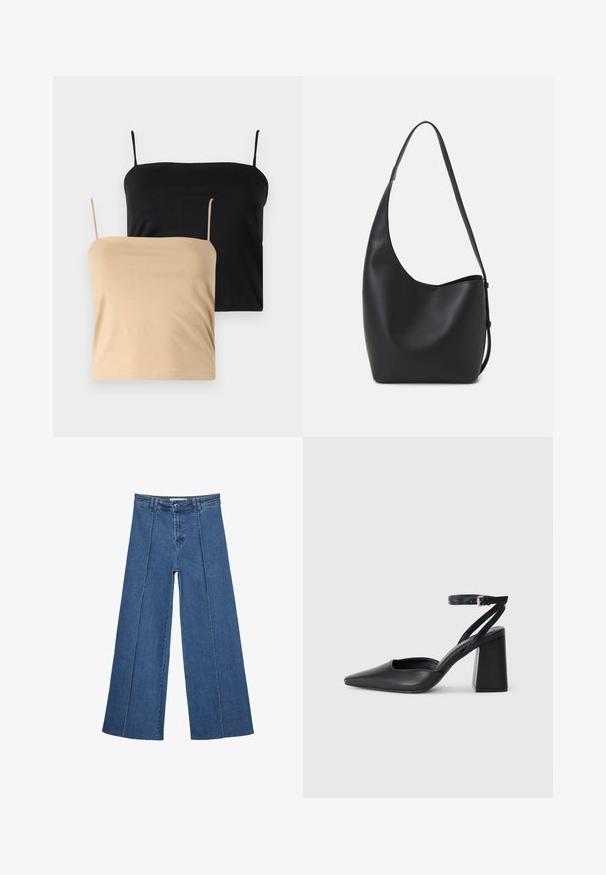 Dvoje tielok, jedno v čiernej a druhé v béžovej farbe. Vyrobené z mäkkého a elastického materiálu s tenkými ramienkami a priliehavým strihom.; Rovné džínsy s širokými nohavicami v strednom modrom odtieni, so zvýšeným pásom, zapínaním na gombík a kontrastnými vertikálnymi švami pozdĺž prednej strany.; Čierne kožené lodičky s špicatou špičkou a členkovým remienkom, s masívnym podpätkom. Hladký povrch, elegantný dizajn a minimalistická estetika.; Čierna kožená hobo taška so hladkou textúrou, zakriveným tvarom a jedným nastaviteľným popruhom; má široké otvorenie na vrchu.