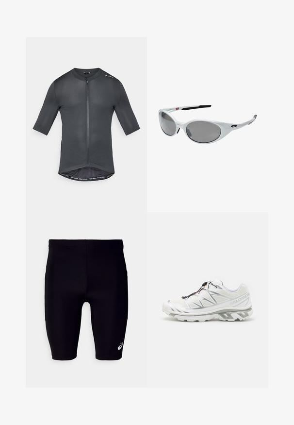 Rövid ujjas kerékpáros mez sötétszürke színben, elöl cipzárral, texturált anyagból, és kontrasztos belső szegéllyel, amelyen a "GYORSABBAN KERÉKPÁROZZ. TOVÁBB KERÉKPÁROZZ." felirat található.; Fekete sporttalálók, rugalmas anyagból készült, szoros szabású, térd hosszúságú dizájnnal, az alsó oldalon található kicsi fehér logóval.; Fehér sportcipő texturált felsőrésszel, fényvisszaverő részletekkel és szürke talppal. Kiemelkedő háromszög mintázatokkal és gyorsfűzési rendszerrel rendelkezik.; Fehér műanyag napszemüveg nagy ovális lencsékkel, szürkére árnyékolva. Fekete fülre csúszó betétekkel és egy kis logóval a kereten. Simább felület.