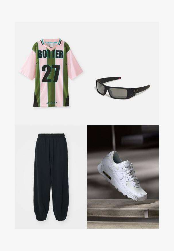 Camisola às riscas verdes e rosas com decote em V, apresentando o número 27 em preto, "BOTTER" impresso acima e "ANTWERP" na parte inferior.; Calças de fato de treino pretas, com cintura elástica e um corte solto, com punhos nas pernas, textura suave e sem padrões visíveis ou detalhes de metal.; Sapatilha Nike Air Max 90 branca com parte superior em malha e couro, caixa de dedos perfurada e uma unidade de ar visível no calcanhar.; Óculos de sol pretos com acabamento mate, lentes retangulares, leve curvatura nas hastes, detalhe sutil do logo e lentes de cor fumada.