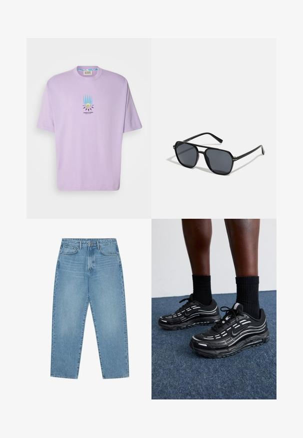 Tricou din bumbac lavandă, cu mâneci scurte, având un grafic central cu raze și un emblema circulară. Gât rotund, croială lejeră.; Jeans din denim albastru deschis cu croială largă și talie înaltă, având cinci buzunare, bucle pentru curea și o textură moale, ușor decolorată.; Pantofii negri Nike au un superior din plasă cu dungi accentuate, șireturi texturate și o talpă din cauciuc negru. Purtați cu șosete negre cu model rib. ; Ochelari de soare negri cu ramă octogonală, lentile întunecate, finisaj lucios, temple subțiri și accente aurii în partea din față.