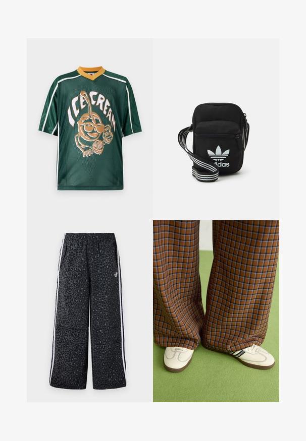 Žalia tinklinė marškinė, puošti dideliu ledų piešiniu oranžinės ir baltos spalvos, su geltona apykakle ir baltomis detalėmis ant rankovių.; adidas Originals GRAPHIC UNISEX - Treningo apatinė dalis - black; Rudos ir mėlynos langelinės plačios kelnės, derinamos su baltais batais su juodais akcentais ir tekstūruotais padais, prieš žalią foną.; Juodas audinio per petį nešiojamas krepšys su užtrauktuku, turintis baltą Adidas logotipą ir dryžuotą reguliuojamą diržą patogiam nešiojimui.