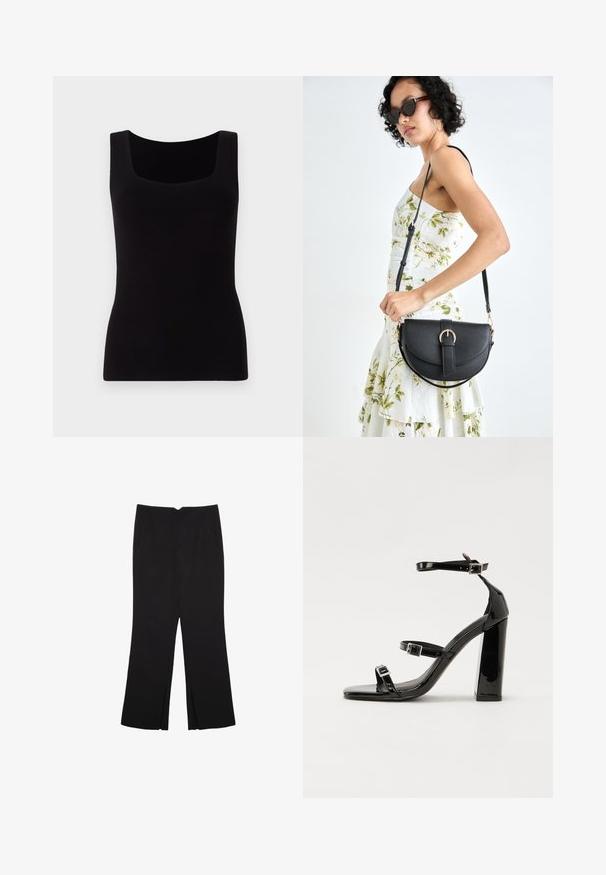 Czarny bezrękawnik o kwadratowym dekolcie, dopasowany krój i gładki, elastyczny materiał. Brak widocznych wzorów lub ozdób.; Czarne spodnie o prostym kroju, z przednimi kieszeniami i bocznymi rozcięciami na dole. Wykonane z miękkiego, gładkiego materiału. Odpowiednie na różne okazje.; Czarne lakierowane sandały na obcasie z kwadratowym noskiem, z paskami wokół kostki i srebrnymi klamrami. Posiadają masywny słupek dla stabilności.; Czarna skórzana torebka o zakrzywionym kształcie, z odpinanym paskiem i złotymi akcentami. Torebka posiada klapę z zapięciem w kształcie klamry.