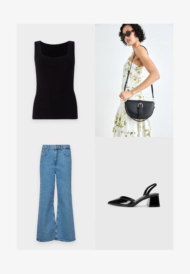 Musta hihaton paita, jossa on nelikulmainen pääntie, tiukka muotoilu ja sileä, joustava kangas. Ei näkyviä kuvioita tai koristeita.; Vaaleansiniset leveälahkeiset farkut, joissa on korkea vyötärö, viisi taskua ja yksi napin sulkeminen. Pehmeä pinta, jossa on haalistunut viimeistely.; Mustat patentoitu nahkakengät, joissa on säären takaosa ja terävä kärki, sekä geometrinen palikkakorko. Sisältää tyylikkään, minimalistisen muotoilun ja sileän pinnan.; Musta nahkainen käsilaukku, joka on kaareva muotoilultaan, irrotettavalla hihnalla ja kultaisilla yksityiskohdilla. Laukussa on läppä, jossa on solk yksityiskohta.