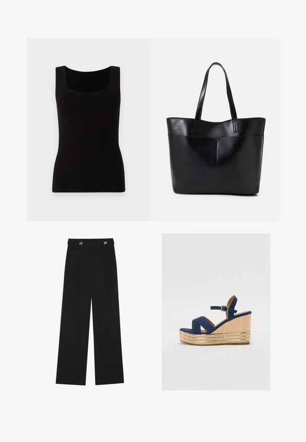 Black sleeveless top with a square neckline, fitted design, and smooth, stretchable fabric. No visible patterns or embellishments.; Black wide-leg trousers with high waist, button details on waistband, and front pleats.; Navy blue wedge sandal with crossed straps, a textured natural fiber platform, and a gold metallic accent on the base.; Black leather tote bag with two long handles, a smooth texture, and a structured shape. Features a front pocket for additional storage.