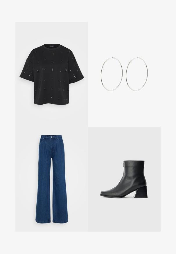 Melnas īsām piedurknēm krekls, kas izgatavots no mīkstas auduma, ar izkaisītiem metāla kniedēm kā dekorāciju. Vienkāršs apaļš kakla izgriezums un brīvs piegriezums.; Platas kājas zila denim bikses ar augstu jostasvietu, priekšējo pogu un slēgšanu ar rāvējslēdzēju, kā arī priekšējām un aizmugurējām kabatām uz vienkārša fona.; Melna ādas potītes zābaku ar kvadrātveida purngalu, sānu rāvējslēdzēju un bloku papēdi uz vienkārša gaismas fona.; Sudraba riņķa auskari ar gludu, apaļu dizainu un pulētu apdari. Tie ir plāni un viegli, ar vienkāršu aizdari.