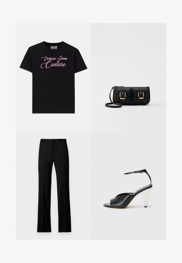 Fekete, rövid ujjú pamut póló, melyen rózsaszín strasszkövekkel díszített "Versace Jeans Couture" felirat található a mellkas területén.; Fekete, sima anyagú, egyenes szárú nadrág, lapos elülső résszel, övhurkokkal, és látható zsebek vagy díszítések nélkül.; Fekete bőr magassarkú szandál nyitott orral, aszimmetrikus dizájnnal, bokapánttal és fémes kúpos sarokkal. Az anyag sima textúrájú.; Fekete bőr keresztbody táska két elülső zsebbel, arany csattokkal, cipzáras záródással és vékony pánttal. Textúrált felület és kompakt téglalap alak.