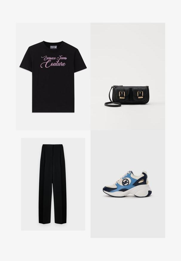 Svart bomullst-skjorte med korte ermer som har rosa rhinestone-utsmykket "Versace Jeans Couture" tekst på brystet.; Svart vide bukser med høy livhøyde, med folder og en glatt tekstur. Stoffet virker lett og faller elegant.; Hvit, marineblå og lyseblå semsket sneakers med tykk såle og sirkulært brodert logo på siden.; Svart skinn crossbody veske med to frontlommer, gyldne spenner, glidelåslukking og en slank stropp. Teksturert overflate og kompakt rektangulær form.