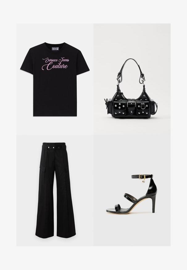 Černé bavlněné tričko s krátkým rukávem, zdobené růžovými kamínky s nápisem "Versace Jeans Couture" na hrudi.; Černé kalhoty s širokými nohavicemi a vysokým pasem, které mají velké boční kapsy, dva přední knoflíky a detail v podobě poutka. Vyrobeno z pevné látky.; Černé lakované kožené sandály se třemi pásky, sponou na kotníku a 10 cm jehlovým podpatkem. Obsahují zlaté kovové detaily a logo přívěsek.; Černá kožená kabelka s křivkovým designem, zdobená stříbrnými hřebíky, s přezkou a dvěma bočními kapsami. Nastavitelný popruh pro různé možnosti nošení.