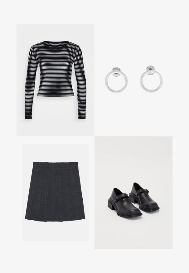 Mustra mustvalged triibudega pikkade varrukatega t-särk ümmarguse kaelusega ja väkliku disainiga. Valmistatud ribatud kangast, millel on sile tekstuur.; Tumeda hall pleediga seelik elastse vöökohaga, milles on tekstuuriga kangas ja klassikaline A-line siluett. Sobib igapäevaseks kandmiseks.; Mustad mustad jalanõud ümmarguse varbaga, tasase tallaga ja kinnitusega rihmaga, millel on pandla detail. Suure plokknina, mis tagab lisastabiilsuse.; Hõbedased metallist rõngastooted, millel on harjatud tekstuur, ümmargune disain ja selge tagumine post, tagamaks kindlat kandmist.