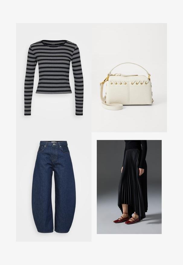 Crna i bijela prugasta majica dugih rukava s okruglim izrezom i uskim krojem. Izrađena od rebrastog materijala s glatkom teksturom.; Tamne tamno tamno tamno tamno tamno tamno tamno tamno tamno tamno tamno tamno tamno tamno tamno tamno tamno tamno tamano tamno tamno tamno tamno tamno tamno tamno tamno; Crna plisirana suknja s visokim i niskim rubom, uparena s sjajnim crvenim balerinkama s dizajnom trakice. Tkanina ima glatku teksturu.; Bijela torba od umjetne kože s gornjim zatvaračem, kratkom ručkom i uklonjivim remenom za crossbody s zlatnim detaljima. Bočni vezni detalj.; Srebrna kružna naušnica s poliranim završetkom, koja ima male zlatne detalje i okrugli oblik, nošena na uhu.