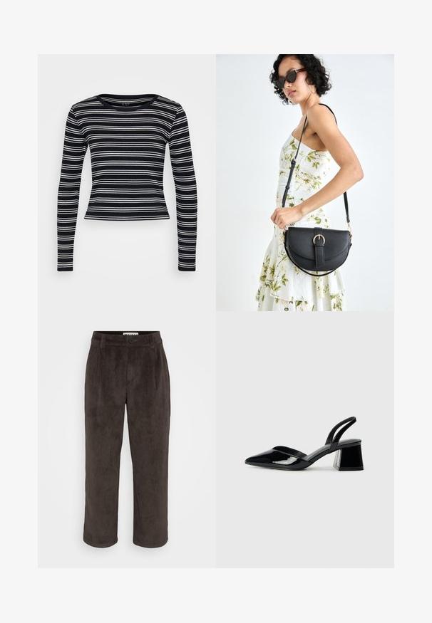 Črno-bela prugasta majica z dolgimi rokavi, okroglim izrezi in prilegajočim krojem. Narejena iz rebraste tkanine z gladko teksturo.; Rjave kordurojske hlače s ravnim krojem, subtilno teksturo ter sprednjim gumbom in stranskimi žepi.; Črne lakirane slingback pete s koničastim nosom in geometrijsko blokasto peto. Imajo eleganten, minimalističen dizajn in gladko teksturo.; Črna usnjena torbica s ukrivljeno obliko, z odstranljivo naramnico in zlatimi dodatki. Torbica ima pokrov s podrobnostmi v obliki zaponke.