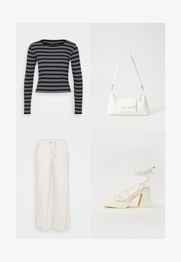 Mustra mustvalged triibudega pikkade varrukatega t-särk ümmarguse kaelusega ja väkliku disainiga. Valmistatud ribatud kangast, millel on sile tekstuur.; Heledad kerged püksid, kerge beeži värvi, elastse vöökoha ja nööriga. Valmistatud pehmest materjalist, mille esiosas jooksevad vertikaalsed õmblused.; Valged kõrge kontsaga sandaalid, millel on paks konts ja rihmadega disain koos pahkluu sidumisega. Sile tekstuur ja platvorm ees, et lisada kõrgust.; Valge sünteetilisest materjalist kott kolmnurkse kujuga, lame esiklapiga ja kaaredetailiga, reguleeritava rihmaga, sileda tekstuuriga ja minimalistliku disainiga.