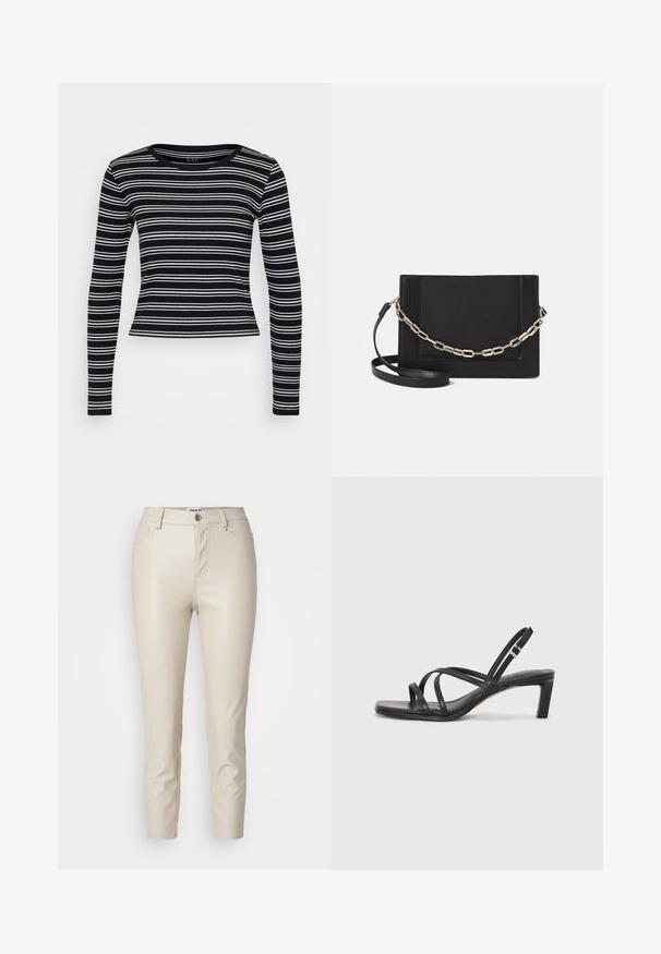 Crna i bijela prugasta majica dugih rukava s okruglim izrezom i uskim krojem. Izrađena od rebrastog materijala s glatkom teksturom.; Bež hlače od umjetne kože uskog kroja, s prednjim džepovima i zatvaračem na gumb, s glatkom teksturom i suženim nogavicama.; Crne sandale s trakama, kvadratnim prstom i niskom blok petom. Ima više tankih trakica i podesivu trakicu oko gležnja. Izrađene su od glatke kože.; Crna kožna torba preko tijela s glatkom teksturom, pravokutnim oblikom i metalnim lancem na prednjoj strani. Uključena je podesiva naramenica.