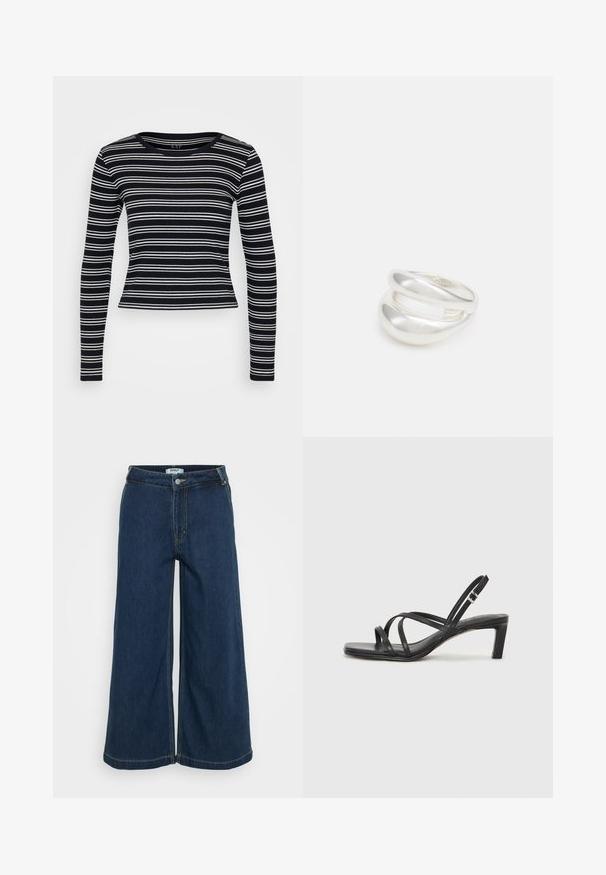 Dlhý rukáv tričko so vzorom čiernobielych pruhov, s okrúhlym výstrihom a priliehavým strihom. Vyrobené z rebrovanej tkaniny s hladkou textúrou.; Džínsy so širokými nohavicami v tmavomodrej farbe. Obsahujú zapínanie na gombík, päť vreciek, jemné šitie a hladký povrch.; Čierne sandále na vysokom podpätku so štvorcovou špičkou a nízkym blokovým podpätkom. Obsahujú viacero tenkých popruhov a nastaviteľný členkový popruh. Vyrobené z hladkej kože.; Strieborný prsteň s dvojitým pásikom s hladkým, lesklým povrchom. Má plynulý, zakrivený dizajn s prekryvajúcimi sa časťami pre moderný vzhľad.